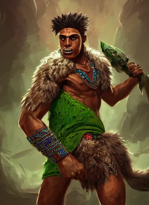 Prompt: a highly detailed illustration of fierce aztec tribal boy wearing green wolf mane, heroic roaring wielding aztec club pose, muscular, intricate, elegant, highly detailed, centered, digital painting, artstation, concept art, smooth, sharp focus, league of legends concept art, wlop