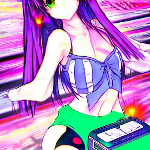 Prompt: CRT rainbowcore anime girl, saturation 100% full saturation, bitcrushed AI enhanced image, PS1 early computer graphics, maximalist maximalism video game UI