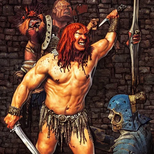 Image similar to grinning pit bull barbarian, fantasy warrior, drooling, ultra detailed, 4 k, style of norman rockwell, style of richard corben.