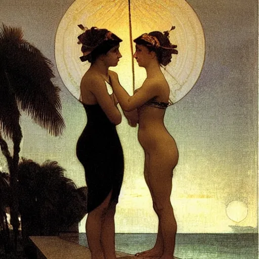 Image similar to Silhouette of two girls at the palace, thunderstorm, greek pool, beach and palm trees on the background major arcana sky, by paul delaroche, alphonse mucha and arnold böcklin arnold böcklin hyperrealistic 8k, very detailed