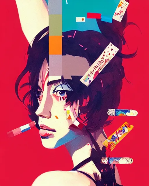 Prompt: a ultradetailed beautiful painting of a stylish woman with colorful band - aids, concert poster, retro, by conrad roset, greg rutkowski and makoto shinkai