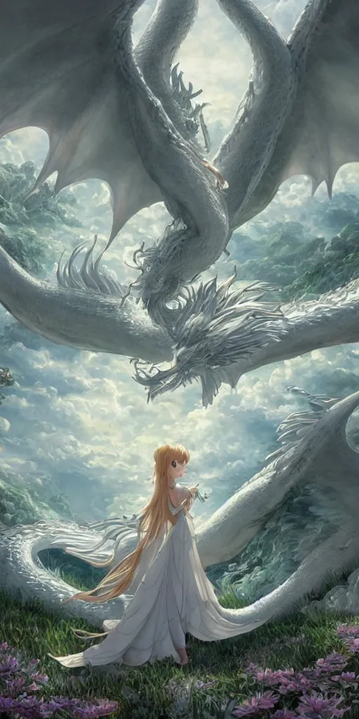 Image similar to the beautiful hyper detailed scene render that a lonely beautiful girl lies in the arms of a huge silver white dragon alone in fairyland surrounded by white clouds, finely detailed angelic face delicate features, style of studio ghibli, makoto shinkai, raphael lacoste, louis comfort tiffany, artgerm, james jean, ross tran, animation style, hd, ultra wide angle