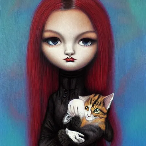 Prompt: a painting of a woman holding a cat, a character portrait by mark ryden, featured on deviantart, gothic art, tarot!!!!! card, deviantart, gothic