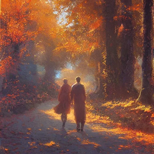 Image similar to a romantic walk in fall, warm, nostalgic, craig mullins