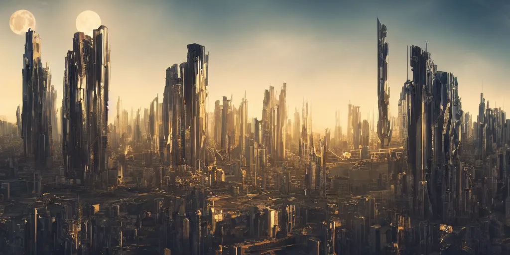 Image similar to human futuristic city, highly detailed,, beautiful architecture contemporary style, si - fi, golden hour light, two moon on the sky, 8 k, sharp focus, cinematic