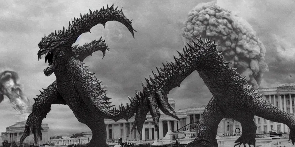 Image similar to Kaiju Trump attack Capitol, film still