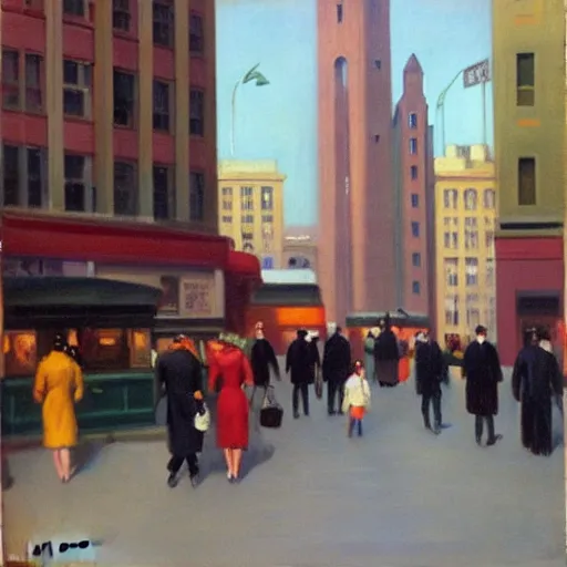 Prompt: A busy city center, oil painting by Edwrad Hopper, 1951