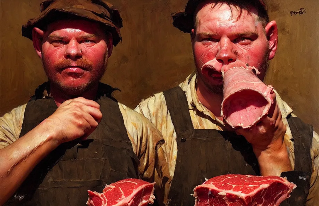 Image similar to portrait of pig butcher!!!!!!!!!!!!!!!!!!!!!!!!!!!, detailed face, detailed painting,, epic lighting, by ilya repin, phil hale and kent williams