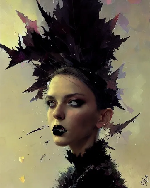 Prompt: ashes crystal, female portrait, fierce, gothic, scattered, black smoke, intricate background, impressionistic oil painting by alexi zaitsev, ilya kuvshinov, craig mullins, melinda matyas, thomas kinkade, victo ngai, denis sarazhin. fractal leaves, masterpiece