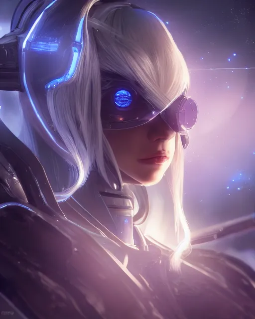 Image similar to perfect android girl on a mothership, warframe armor, beautiful face, scifi, futuristic, galaxy, nebula, raytracing, dreamy, long white hair, blue cyborg eyes, sharp focus, cinematic lighting, highly detailed, artstation, divine, by gauthier leblanc, kazuya takahashi, huifeng huang