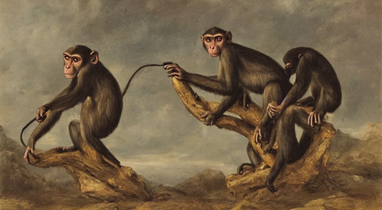 Prompt: a monkey sitting on a giant ant, by most renowned artist of the romanticism, hiperrealism,