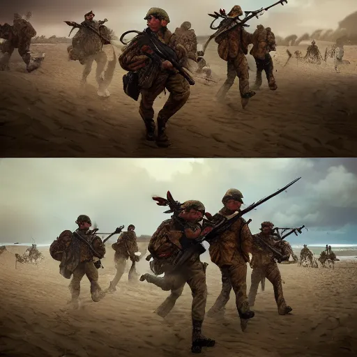 Prompt: rooster soldiers storming the beach d - day in normandy, hyperdetailed, artstation, cgsociety, 8 k