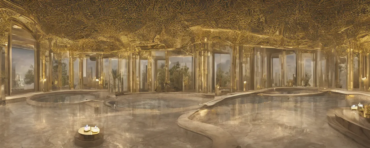 Image similar to photo of a cinematic interior of a double height hyper luxury spa with everything made of gold, candles, windows with view to desert mountains and river, beige stone marble floor with reflection, small wellness relaxation pool, intricate hieroglyph detailed roof, contemporary design, sacred geometry, 8 k, hyperrealistic, photorealism,