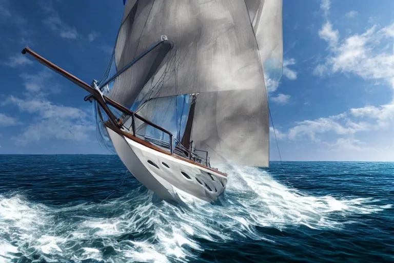 Prompt: a beautiful yacht with full sail’s, sunny day with puffy clouds and heavy waves, low camera angle, in style of Aivazovsky, epic lighting, ultra realistic, 4k, hyper details, cinematic, sharp edges,