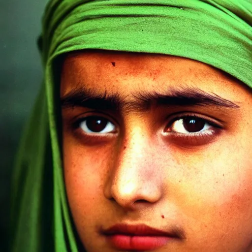 Prompt: a teenage girl of afghani descent with striking green eyes stares at the camera with a deep read headscarf. kodachrome film, Steve McCurry