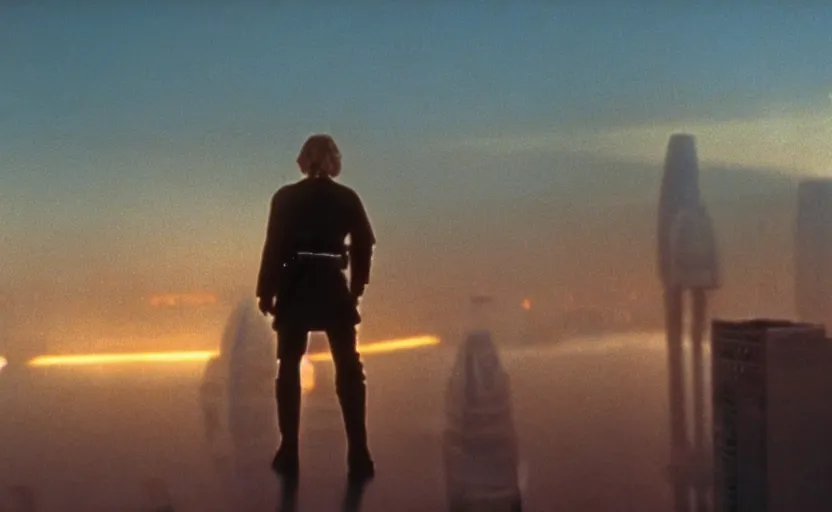 Prompt: iconic wide cinematic screen shot of luke skywalker downtrodden standing with a view of coruscant at sunset, from the thrilling scene from the 1 9 9 0 s sci fi film directed by stanley kubrick, moody cinematography, foggy volumetric lighting, hyper detailed scene, anamorphic lenses 2 4 mm, lens flare, award winning