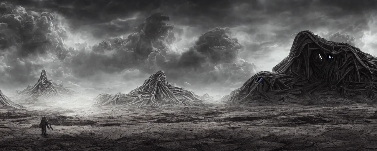 Prompt: a large ominous and geometric like large alien structure built on a barren dry land with an epic cloud formation on the background by HR GIger, Dariusz Zawadzki, Neil blevins, Feng Zhu, gustave doré, zhuoxin ye, very detailed, octane render, 8k, oranate and brooding, scary and dark, canon 24mm lens