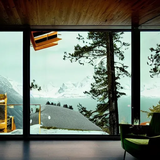 Image similar to wes anderson style modern futuristic house near the lake, snowy mountains and green forest, cinematic, realism, photo, detailed