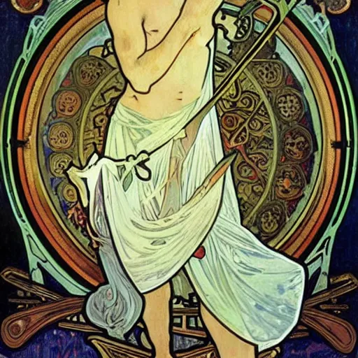 Image similar to An elf prince with a sword ,alphonse mucha