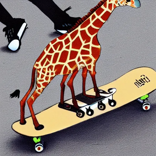 Image similar to a giraffe on a skateboard, high detail