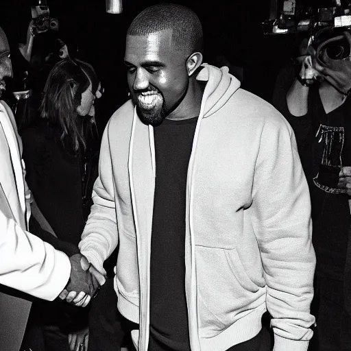 Image similar to a black and white photo of kanye west and pete davidson shaking hands