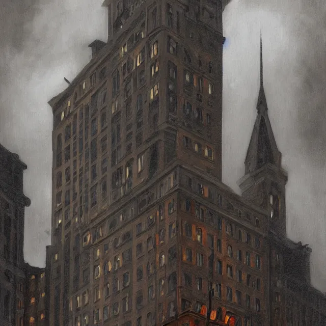 Image similar to ultra - realistic painting gothic 1 9 2 0 s 1 0 - storey hotel in downtown boston overlooking a dark street, atmospheric lighting, gloomy, foreboding