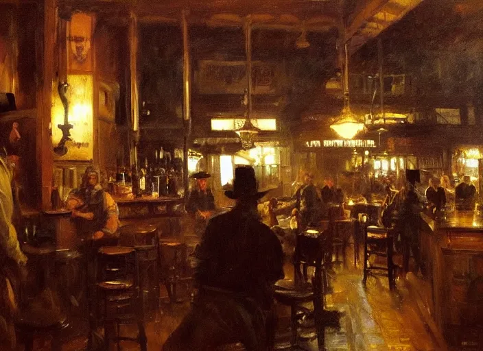 Image similar to oil painting of western saloon bar, wild west, dimly light, dust, art by anders zorn, wonderful masterpiece by greg rutkowski, beautiful cinematic light, american romanticism by greg manchess, creation by tyler edlin