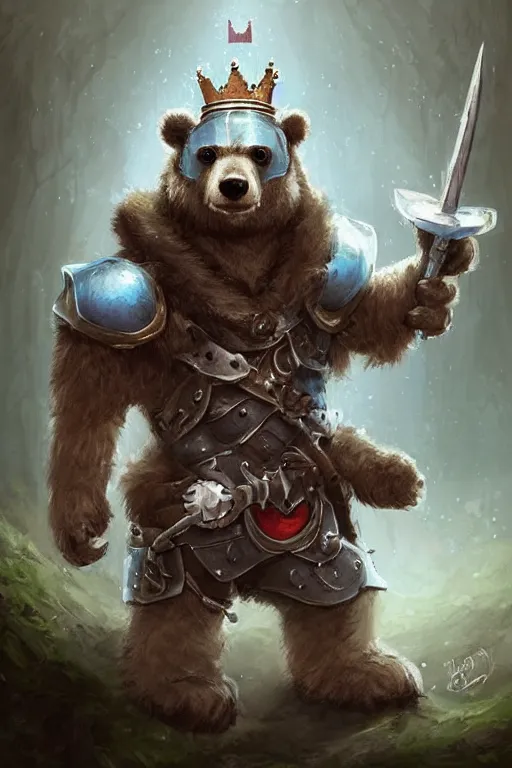 Image similar to cute little anthropomorphic bear knight wearing a cape and a crown, tiny, small, miniature bear, baby animal, short, pale blue armor, cute and adorable, pretty, beautiful, DnD character art portrait, matte fantasy painting, DeviantArt Artstation, by Jason Felix by Steve Argyle by Tyler Jacobson by Peter Mohrbacher, cinematic lighting