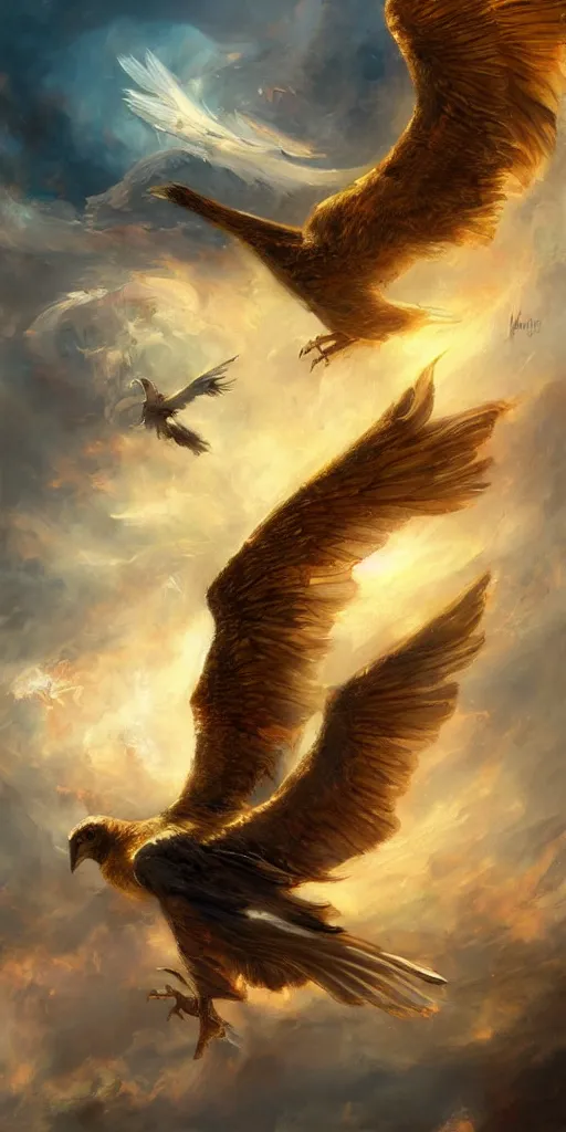 Image similar to a painting of a golden bird flying through the sky, poster art by raymond swanland, deviantart, fantasy art, christian, deviantart, mystical