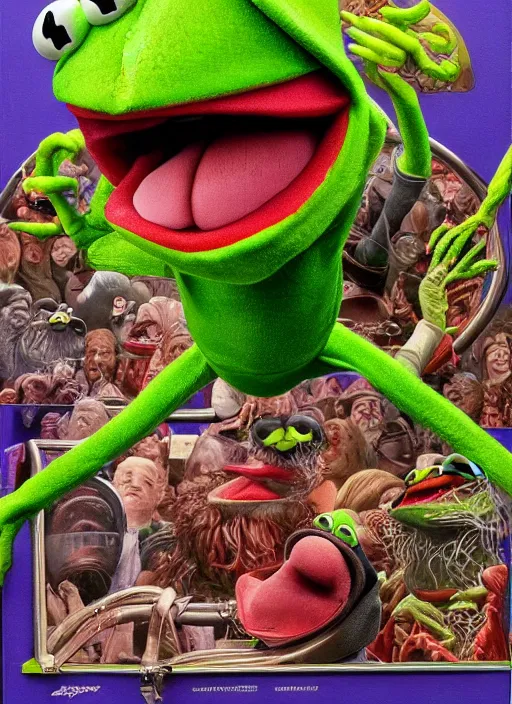 Image similar to portrait of a Deliriously happy and screaming Kermit the frog in Society (1989), highly detailed, centered, solid color background, digital painting, artstation, concept art, smooth, sharp focus, illustration, artgerm, donato giancola, Joseph Christian Leyendecker, Les Edwards, Ed Repka, WLOP, Artgerm