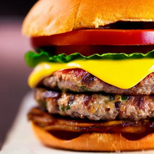 Image similar to bacon cheese burger, very tall, stacked, award winning food photography, golden hour, holy