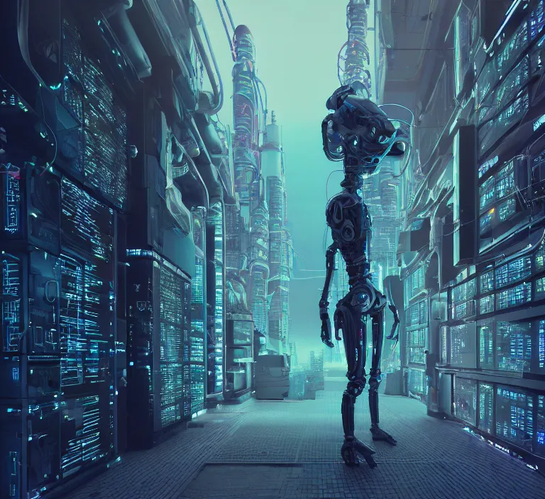 Image similar to hyperrealism stock photography of highly detailed stylish robot in cyberpunk sci - fi style by gragory crewdson and katsuhiro otomo, mike winkelmann with many details by josan gonzalez working at the highly detailed data center by mike winkelmann and laurie greasley hyperrealism stock photo on dsmc 3 system rendered in blender and octane render