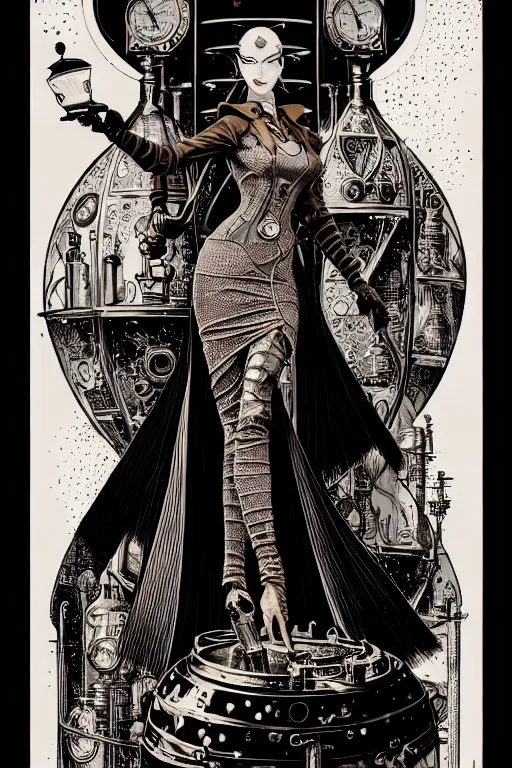 Prompt: side view of a majestic steampunk alchemist wise wizard holding a martini, high details, bold line art, by vincent di fate and joe fenton, inking, etching, screen print, masterpiece, trending on artstation, sharp, high contrast, hyper - detailed,, hd, 4 k, 8 k