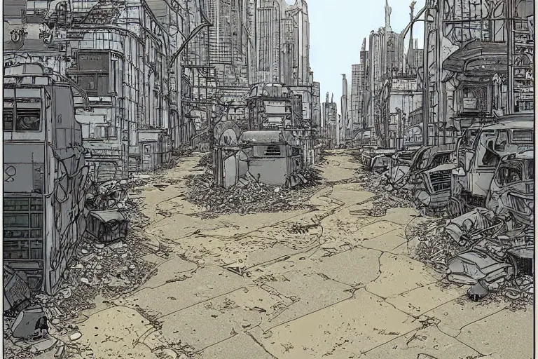 Prompt: a post apocalyptic city street by Moebius