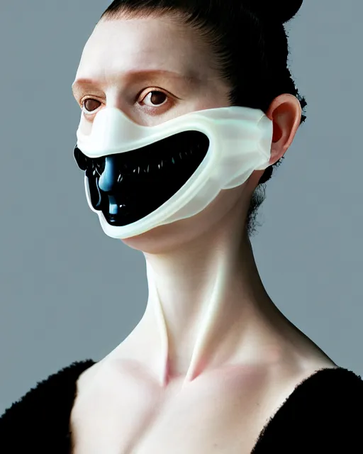 Prompt: portrait of a woman wearing a white embroidered translucent silicone mask and white black frizzy hair buns, wearing a black bodysuit by alexander mcqueen, cream white background, soft diffused light, biotechnology, humanoide robot, bjork aesthetic, translucent, by rineke dijkstra, intricate details, highly detailed, masterpiece,