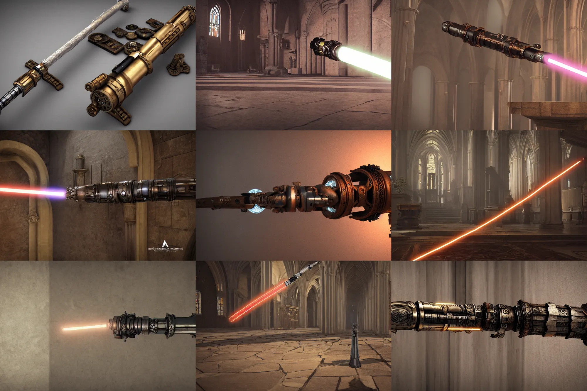 Prompt: a steampunk lightsaber on a altar, focus :: ruined cathedral indoor :: octane render, photorealistic, unreal engine, 8k