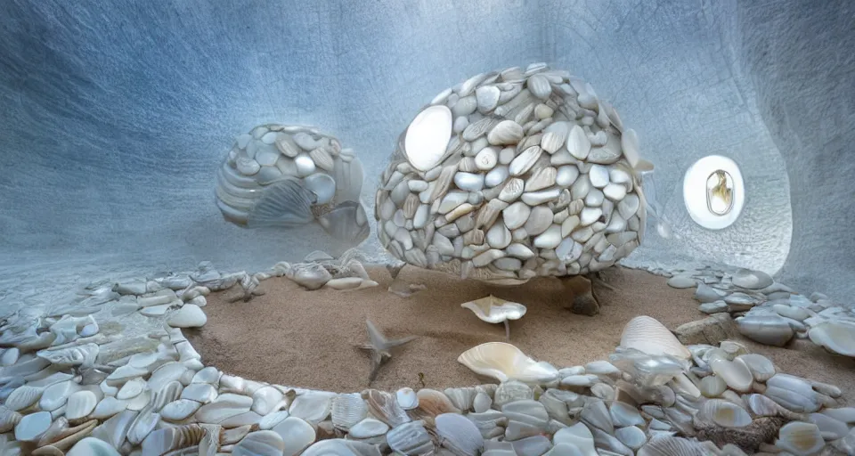 Image similar to nacre seashell house, atmospheric cinematography