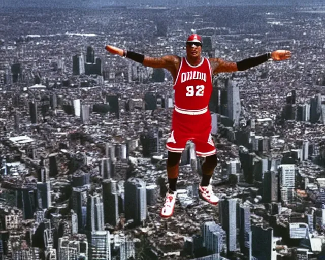 Prompt: dennis rodman t-posing in the air like jordan. he is flying over the city like a delicate little dove. windmill dunk.