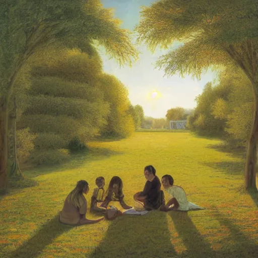 Image similar to Photograph. Conceptual art, the warm, golden light of the sun casts a beautiful glow on the scene, and the gentle breeze ruffles the leaves of the trees. The figures in the conceptual art are engaged in a simple activity, the way they are positioned and the expressions on their faces suggest a deep connection. Peace and contentment, idyllic setting. Shutterstock by Brian Despain, by Andrew Macara washed-out