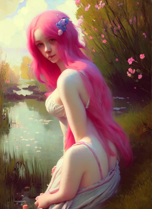 Image similar to whimsical young woman, beautiful girl, full body, pink hair, by a stream, realistic, serov, surikov, vasnetsov, repin, kramskoi, insanely detailed, charlie bowater, tom bagshaw, high resolution, octane rendered, unreal engine, illustration, trending on artstation, masterpiece, 8 k