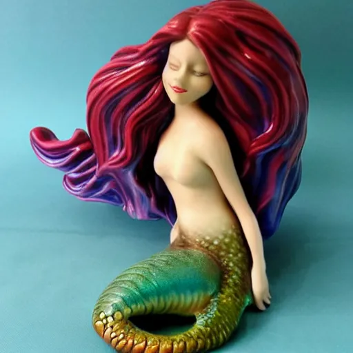 Image similar to an amazing ceramic realistic arial mermaid sculpture mug, creative, beautiful, award winning design, functional, colorful