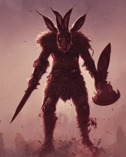 Image similar to Rabbit Berserker, rage, maniac, war paint, red, Khorne, magic the gathering artwork, D&D, fantasy, cinematic lighting, centered, symmetrical, highly detailed, digital painting, artstation, concept art, smooth, sharp focus, illustration, volumetric lighting, epic Composition, 8k, art by Akihiko Yoshida and Greg Rutkowski and Craig Mullins, oil painting, cgsociety