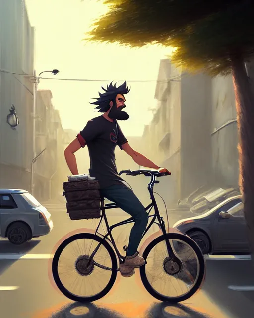 Prompt: a ultradetailed painting of a long - haired bearded uber eats food delivery guy on a bicycle, greg rutkowski and makoto shinkai trending on artstation