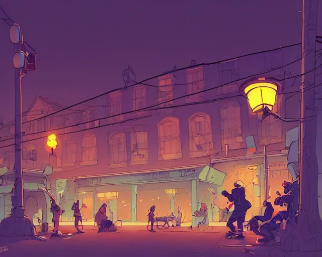 Image similar to a study of cell shaded cartoon of the concert of a music band playing music, street lamps, road, illustration, wide shot, subtle colors, post grunge, concept art by josan gonzales and wlop, by james jean, Victo ngai, David Rubín, Mike Mignola, Laurie Greasley, highly detailed, sharp focus, Trending on Artstation, HQ, deviantart, art by artgem