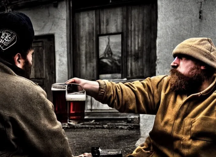 Prompt: gopnik drinking cheap beer with a bear, soviet exterior, symmetrical, cinematic, real photography