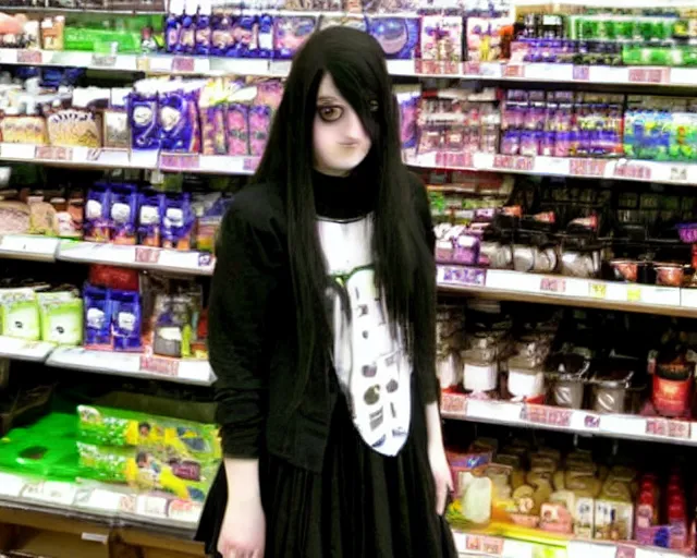 Image similar to poor quality digital photo of a goth emo girl at tesco, 2 0 0 7