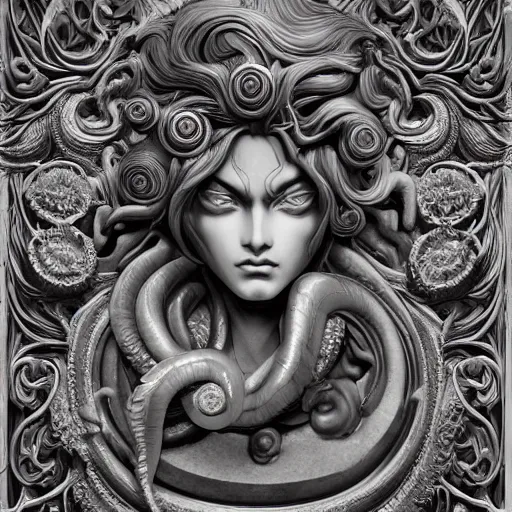 Image similar to medusa, highly detailed, symmetrical long head, smooth marble surfaces, detailed ink illustration, raiden metal gear, cinematic smooth stone, deep aesthetic, concept art, post process, 4k, carved marble texture and silk cloth, latex skin, highly ornate intricate details, in the style of frank miller