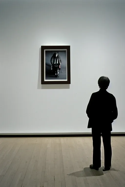 Prompt: someone seen from behind sitting in an empty gallery contemplating over a frame hanging at the opposite wall, photo taken with provia 1967