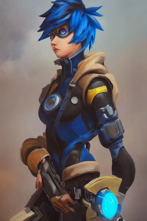 Image similar to oil painting of tracer overwatch in a dystopian city wearing blue uniform, in style of ivan aivazovsky, expressive face, detailed face, detailed eyes, full body, feminine face, tracer overwatch,