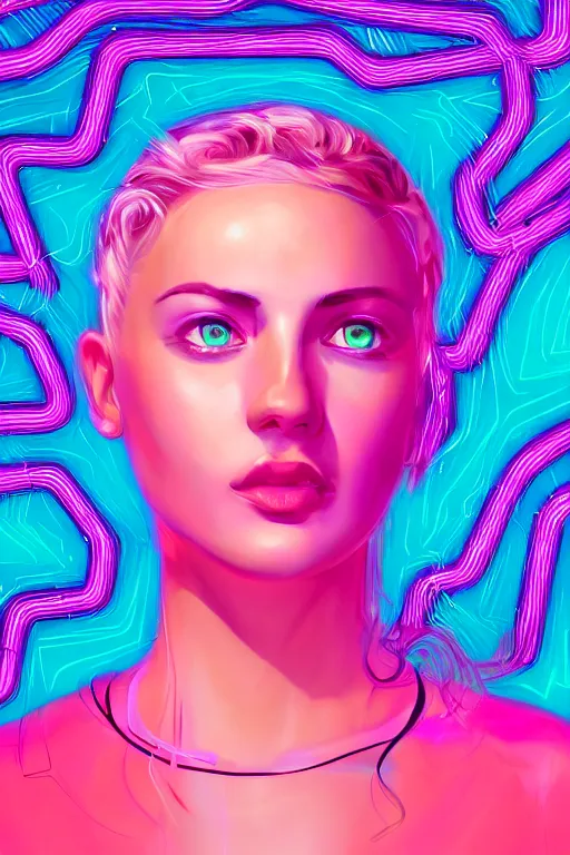 Image similar to a award winning half body portrait of a beautiful woman with stunning eyes in a croptop and cargo pants with ombre purple pink teal hairstyle and hands in pockets by thomas danthony, surrounded by whirling illuminated lines, outrun, vaporware, shaded flat illustration, digital art, trending on artstation, highly detailed, fine detail, intricate